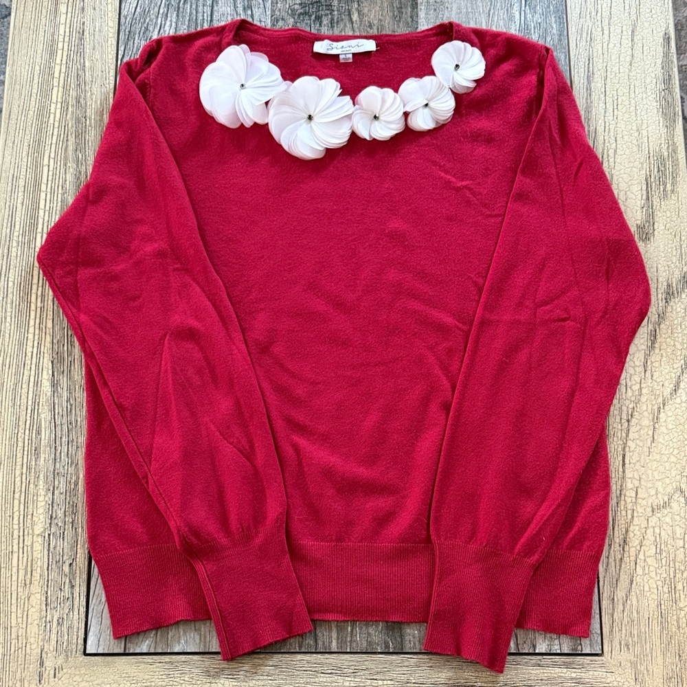 Sioni Red Sweater with White Floral Accents